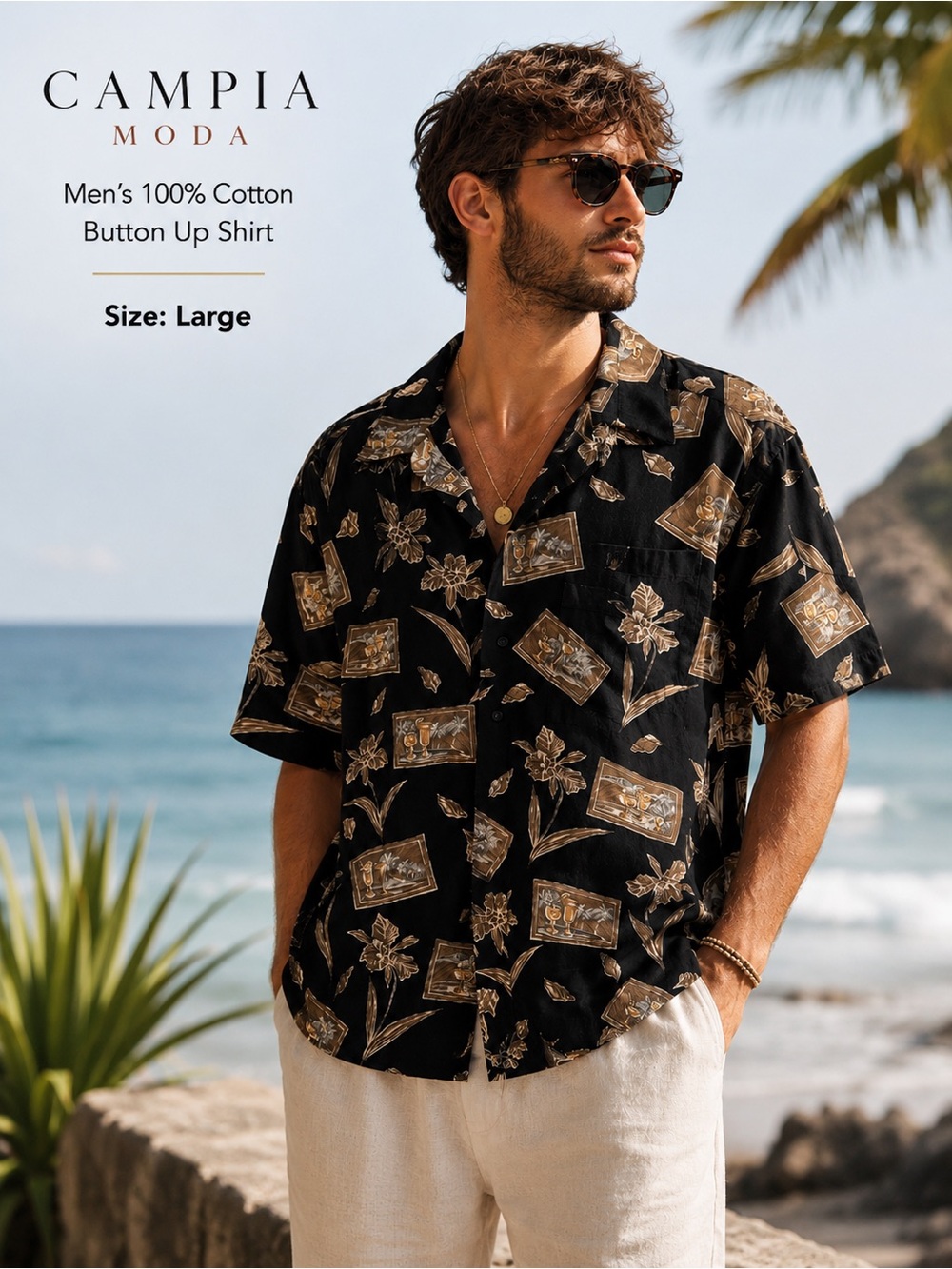 Campia Moda Hawaiian Camp Shirt Large 100% Cotton Tropical